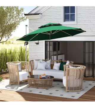 Parasol Excéntrico Ø292 cm con Manivela Giro 360° Inclinación Ajustable Doble Techo y Base Cruzada Verde Oscuro