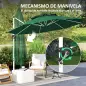 Parasol Excéntrico Ø292 cm con Manivela Giro 360° Inclinación Ajustable Doble Techo y Base Cruzada Verde Oscuro