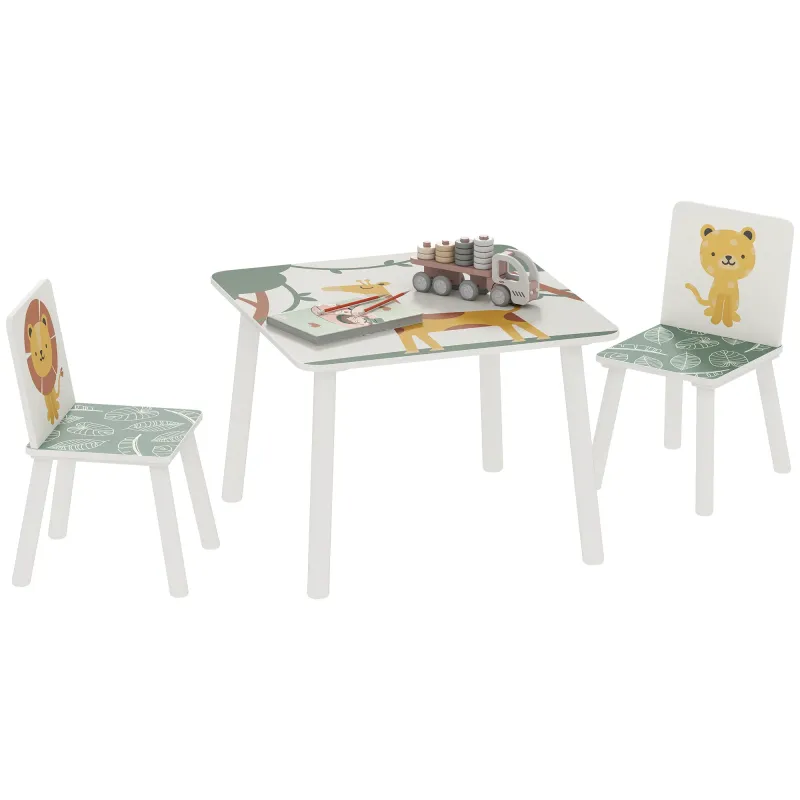 Mesa y Sillas Infantiles de 3 Piezas Mesa Infantil con 2 Sillas de Madera de Pino para niños de +3 Años 60x60x44 cm Verde