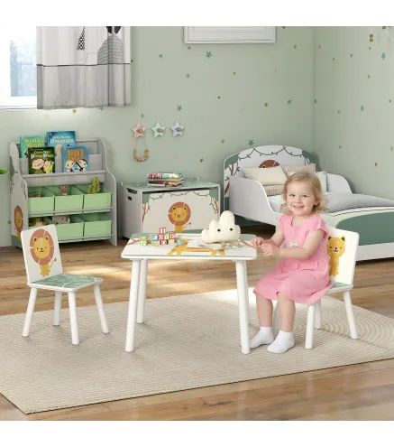 Mesa y Sillas Infantiles de 3 Piezas Mesa Infantil con 2 Sillas de Madera de Pino para niños de +3 Años 60x60x44 cm Verde