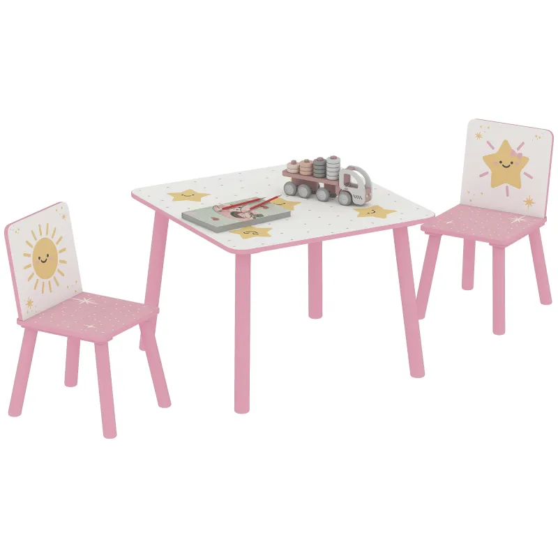 Mesa y Sillas Infantiles de 3 Piezas Mesa Infantil con 2 Sillas de Madera de Pino para niños de +3 Años 60x60x44 cm Rosa