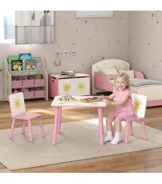 Mesa y Sillas Infantiles de 3 Piezas Mesa Infantil con 2 Sillas de Madera de Pino para niños de +3 Años 60x60x44 cm Rosa