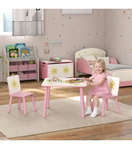 Mesa y Sillas Infantiles de 3 Piezas Mesa Infantil con 2 Sillas de Madera de Pino para niños de +3 Años 60x60x44 cm Rosa