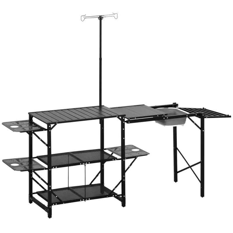 Mesa de Camping Plegable con Fregadero Soporte para Lámpara y Estantes para Barbacoas Picnics y Viajes 173x52x80-174cm