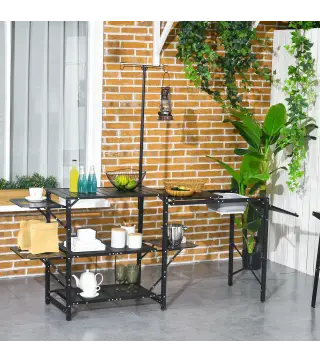 Mesa de Camping Plegable con Fregadero Soporte para Lámpara y Estantes para Barbacoas Picnics y Viajes 173x52x80-174cm