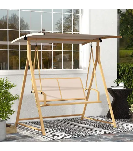 Columpio de Jardín de 2 Plazas con Toldo Ajustable y Estructura Triangular de Metal Carga 220 kg 160x112x162 cm Caqui
