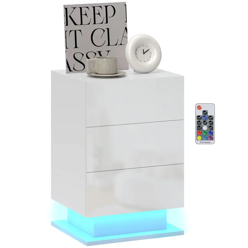 Mesita de Noche con LED RGB 3 Cajones y Mando a Distancia Diseño Moderno 40x35x60 cm Blanco Brillo Mesita de Noche con LED RGB 3 Cajones y Mando a Distancia Diseño Moderno 40x35x60 cm Blanco Brillo
