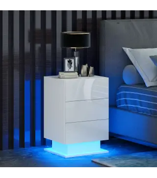 Mesita de Noche con LED RGB 3 Cajones y Mando a Distancia Diseño Moderno 40x35x60 cm Blanco Brillo