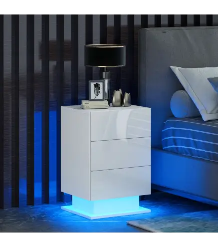 Mesita de Noche con LED RGB 3 Cajones y Mando a Distancia Diseño Moderno 40x35x60 cm Blanco Brillo
