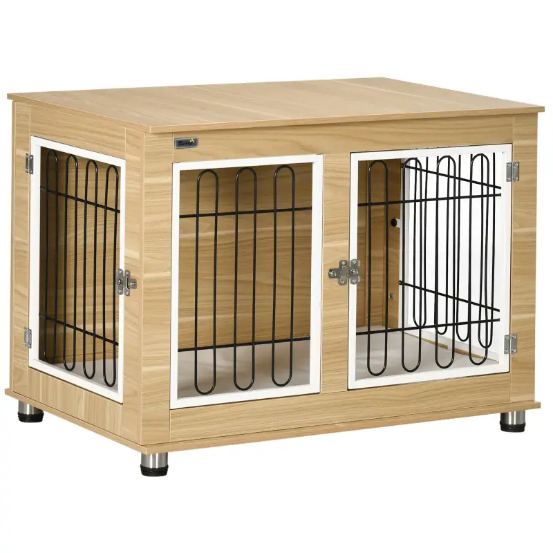 Jaula de Madera para Perros con Cojín 2 Puertas y Patas Ajustables Uso como Mesa Auxiliar o Mesita de Noche 90x58x65 cm