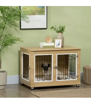 Jaula de Madera para Perros con Cojín 2 Puertas y Patas Ajustables Uso como Mesa Auxiliar o Mesita de Noche 90x58x65 cm