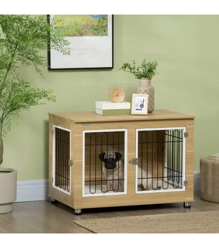 Jaula de Madera para Perros con Cojín 2 Puertas y Patas Ajustables Uso como Mesa Auxiliar o Mesita de Noche 90x58x65 cm