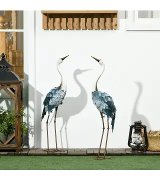 Set de 2 Estatuas de Grulla de Acero para Jardín con Pintura Resistente y Estacas de Suelo para Decoración de Césped