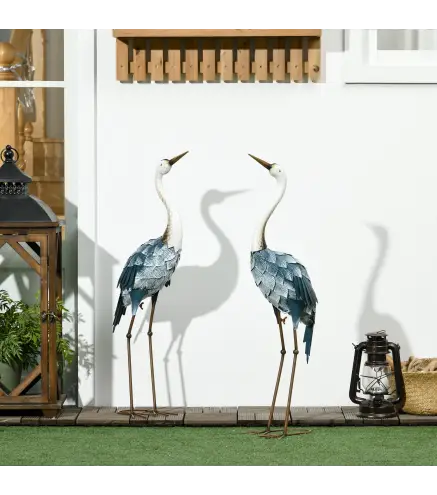 Set de 2 Estatuas de Grulla de Acero para Jardín con Pintura Resistente y Estacas de Suelo para Decoración de Césped