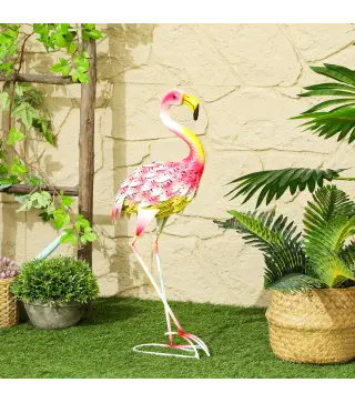 Estatua para Jardín de Flamenco de Metal para Exterior para Decoración de Césped Patio Estanque 27x14x60 cm Rosa