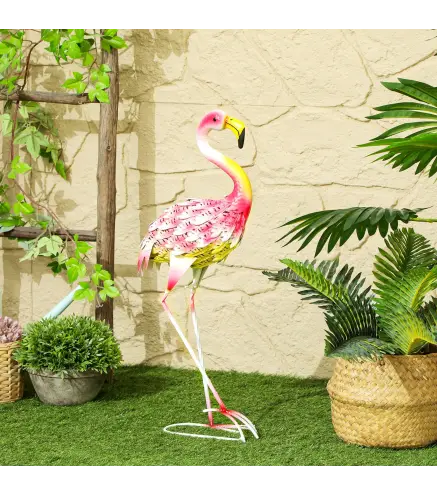 Estatua para Jardín de Flamenco de Metal para Exterior para Decoración de Césped Patio Estanque 27x14x60 cm Rosa
