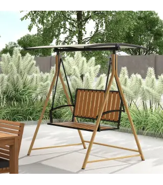 Balancín de Jardín Exterior de 2 Plazas con Toldo Ajustable y Estructura de Metal 142x112x162 cm Madera Natural y Beige