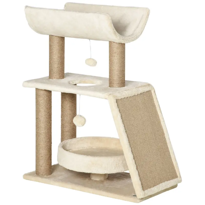 Mini Rascador para Gatos con Postes de Yute Plataforma en U Cama de Felpa y Juguetes Colgantes 60x30x76 cm Marrón Claro Mini Rascador para Gatos con Postes de Yute Plataforma en U Cama de Felpa y Juguetes Colgantes 60x30x76 cm Marrón Claro