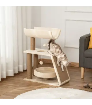 Mini Rascador para Gatos con Postes de Yute Plataforma en U Cama de Felpa y Juguetes Colgantes 60x30x76 cm Marrón Claro