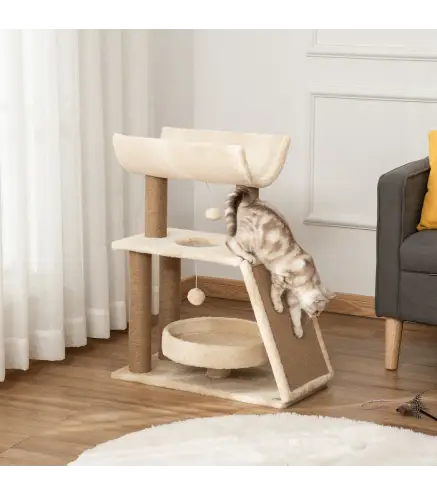 Mini Rascador para Gatos con Postes de Yute Plataforma en U Cama de Felpa y Juguetes Colgantes 60x30x76 cm Marrón Claro