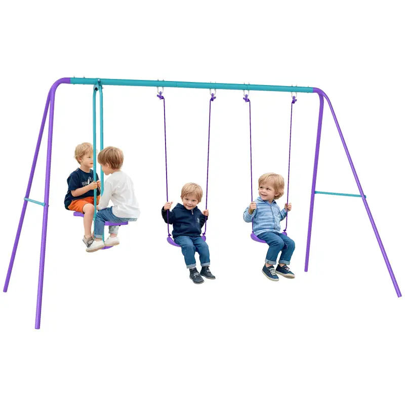 Juego de Columpios de Jardín de Metal con Altura Ajustable 2 Columpios y Balancín 280x140x176 cm Morado y Azul