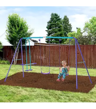 Juego de Columpios de Jardin de Metal con Altura Ajustable 2 Columpios y Balancin 280x140x176 cm Morado y Azul