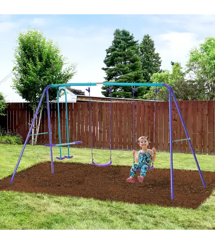 Juego de Columpios de Jardin de Metal con Altura Ajustable 2 Columpios y Balancin 280x140x176 cm Morado y Azul