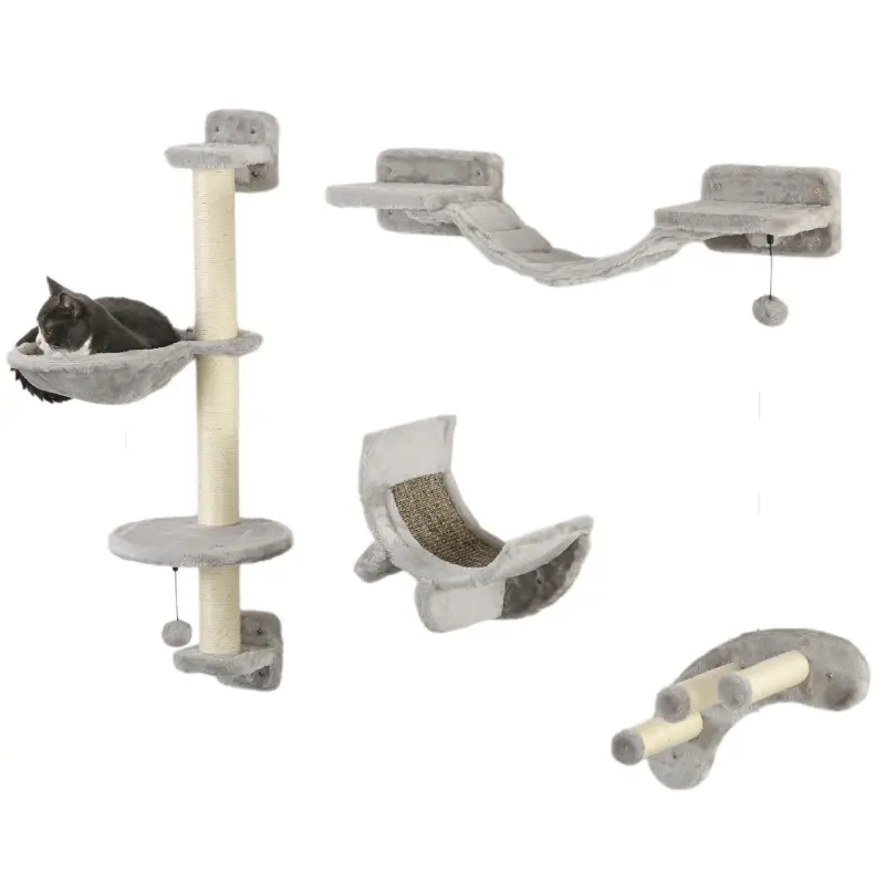 Juego de Escalada para Gatos de 4 Piezas Montado en la Pared con Hamaca Plataformas y Rascadores de Sisal Gris