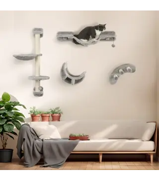 Juego de Escalada para Gatos de 4 Piezas Montado en la Pared con Hamaca Plataformas y Rascadores de Sisal Gris