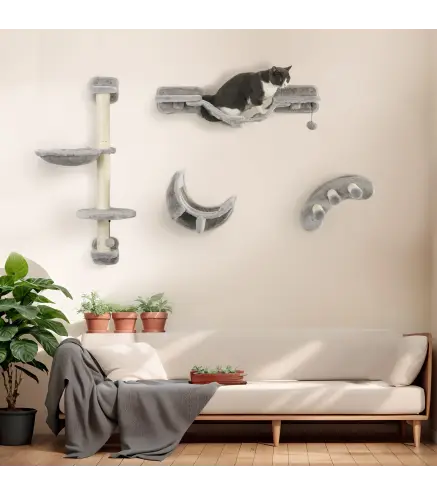 Juego de Escalada para Gatos de 4 Piezas Montado en la Pared con Hamaca Plataformas y Rascadores de Sisal Gris