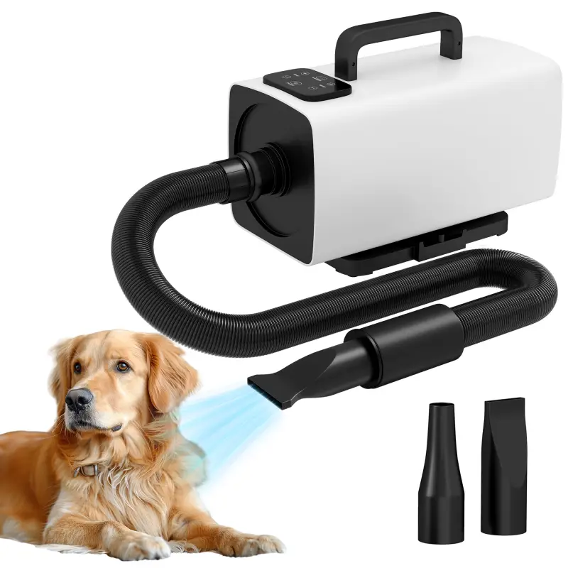 Secador para Perros de 2200W con Pantalla Digital Velocidad y Temperatura Ajustables 3 Boquillas Blanco