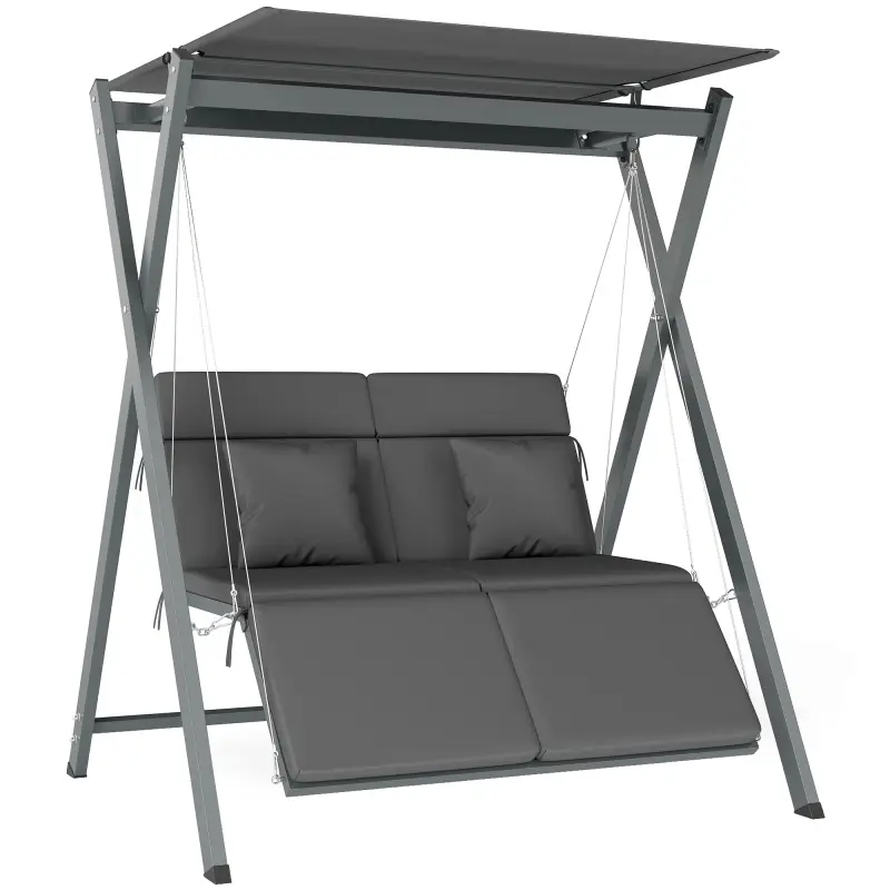 Columpio de Jardín de 2 Plazas Convertible en Cama con Toldo Ajustable UV30+ y Cojines 142x130x168 cm Gris Oscuro Columpio de Jardín de 2 Plazas Convertible en Cama con Toldo Ajustable UV30+ y Cojines 142x130x168 cm Gris Oscuro