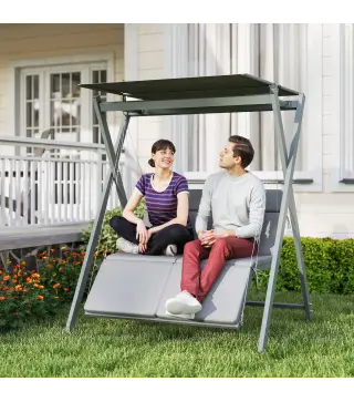 Columpio de Jardín de 2 Plazas Convertible en Cama con Toldo Ajustable UV30+ y Cojines 142x130x168 cm Gris Oscuro