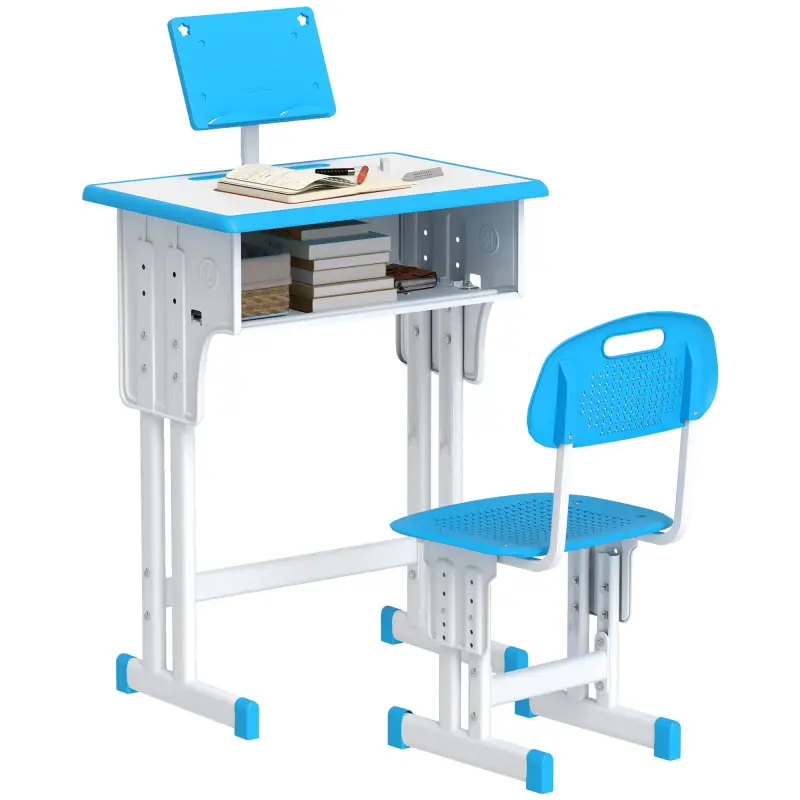 Juego de Escritorio y Silla Infantil de +6 Años Altura Ajustable con 1 Cajón y Estante para Libros 60x45x90-102 cm Azul