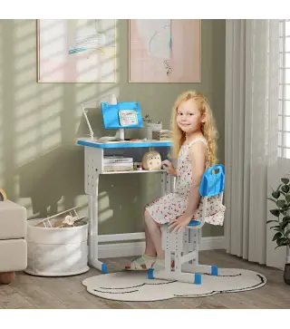 Juego de Escritorio y Silla Infantil de +6 Años Altura Ajustable con 1 Cajón y Estante para Libros 60x45x90-102 cm Azul
