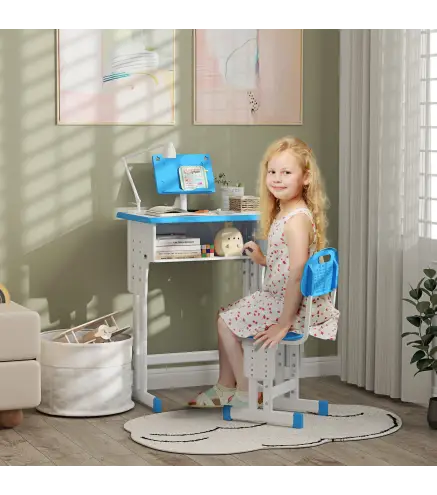 Juego de Escritorio y Silla Infantil de +6 Años Altura Ajustable con 1 Cajón y Estante para Libros 60x45x90-102 cm Azul