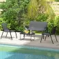 Conjunto de Muebles de Jardín de 4 Piezas con 2 Sillas Apilables y Banco de 2 Plazas con Mesa de Café de Vidrio Negro