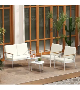 Conjunto de Muebles de Jardín de 5 Piezas con Sofá Sillones y Mesas con Tablero de Vidrio Templado Cojines Beige
