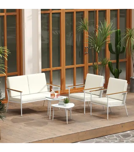 Conjunto de Muebles de Jardín de 5 Piezas con Sofá Sillones y Mesas con Tablero de Vidrio Templado Cojines Beige