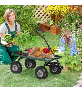 Carrito de Jardín con Manija Acolchada y 4 Ruedas Grandes Estructura de Acero Carga 150 kg 94x48,5x100 cm Verde y Negro