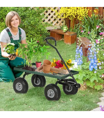 Carrito de Jardín con Manija Acolchada y 4 Ruedas Grandes Estructura de Acero Carga 150 kg 94x48,5x100 cm Verde y Negro