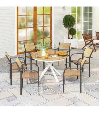 Mesa de Jardín Redonda de Ø118x74cm con Encimera de Lamas Estructura de Aluminio y Patas Cruzadas Teca y Blanco