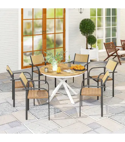 Mesa de Jardín Redonda de Ø118x74cm con Encimera de Lamas Estructura de Aluminio y Patas Cruzadas Teca y Blanco