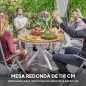 Mesa de Jardín Redonda de Ø118x74cm con Encimera de Lamas Estructura de Aluminio y Patas Cruzadas Teca y Blanco