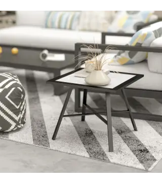 Mesa Auxiliar de Jardín con Encimera de Aspecto Piedra Gris y Estructura Negra 55x55x46 cm Mesita de Exterior Compacta