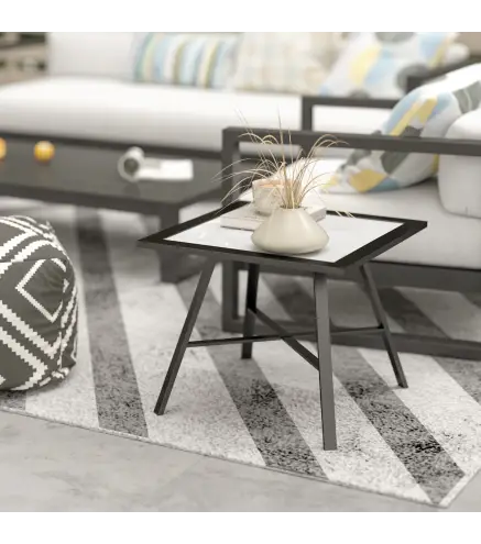 Mesa Auxiliar de Jardín con Encimera de Aspecto Piedra Gris y Estructura Negra 55x55x46 cm Mesita de Exterior Compacta