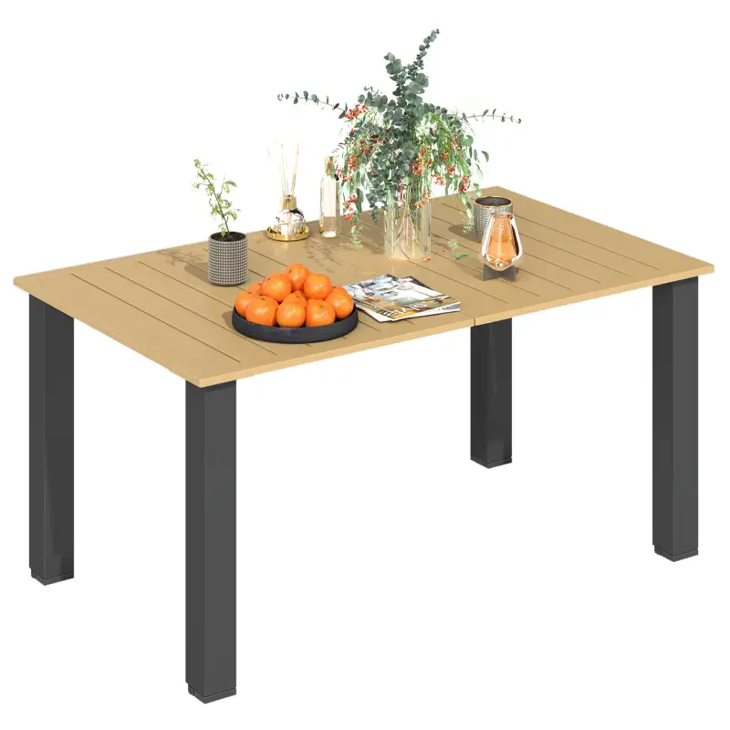 Mesa de Jardín Rectangular de Acero 150x90x73 cm para 6 Personas con Orificio para Sombrilla Diseño con Lamas Marrón