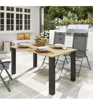 Mesa de Jardín Rectangular de Acero 150x90x73 cm para 6 Personas con Orificio para Sombrilla Diseño con Lamas Marrón