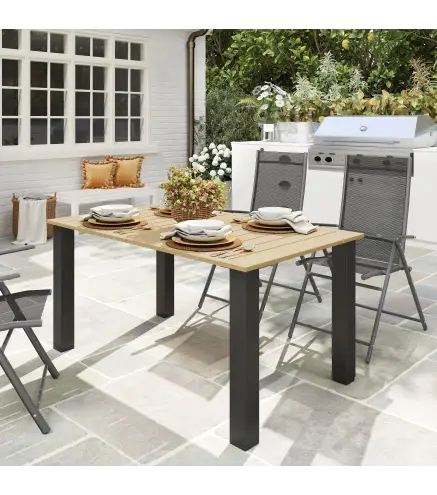 Mesa de Jardín Rectangular de Acero 150x90x73 cm para 6 Personas con Orificio para Sombrilla Diseño con Lamas Marrón