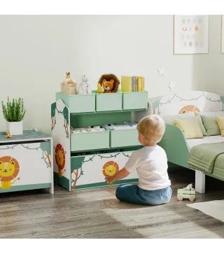 Estantería Infantil para Juguetes de 3 Niveles con 6 Cajas Extraíbles de Tela no Tejida para Guardería 63x30x66 cm Verde